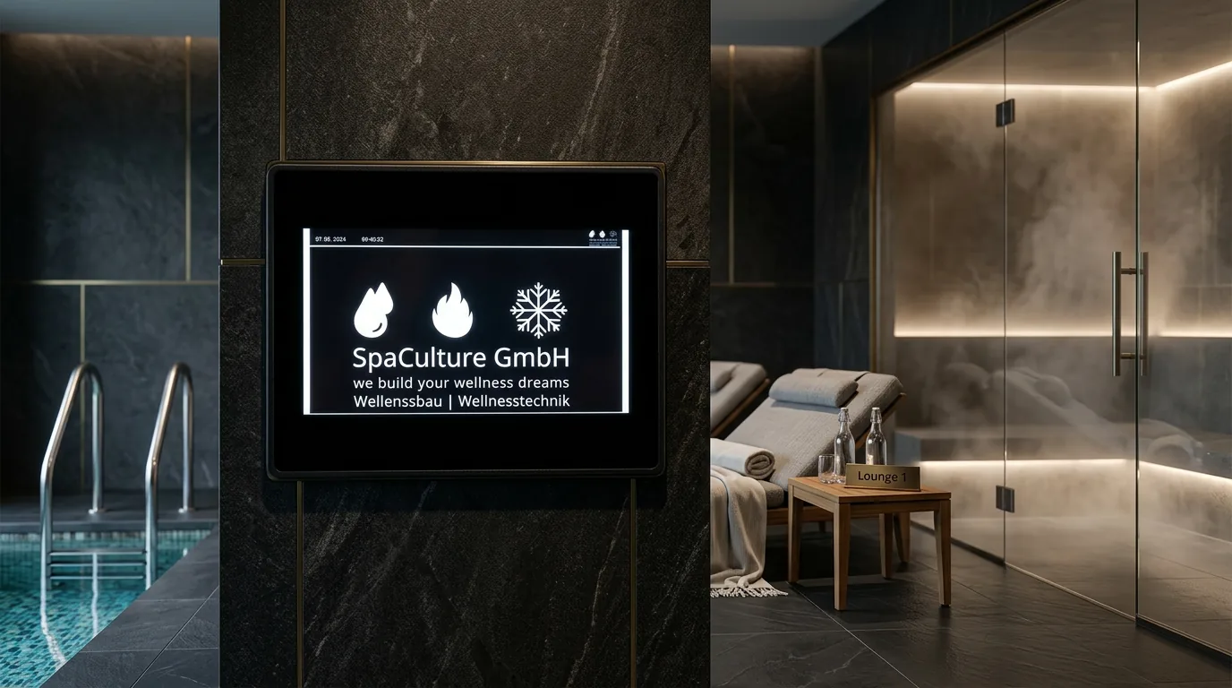 Écran de commande SpaCulture sur un mur en pierre naturelle dans le spa, avec des chaises longues de repos et un bain de vapeur à côté