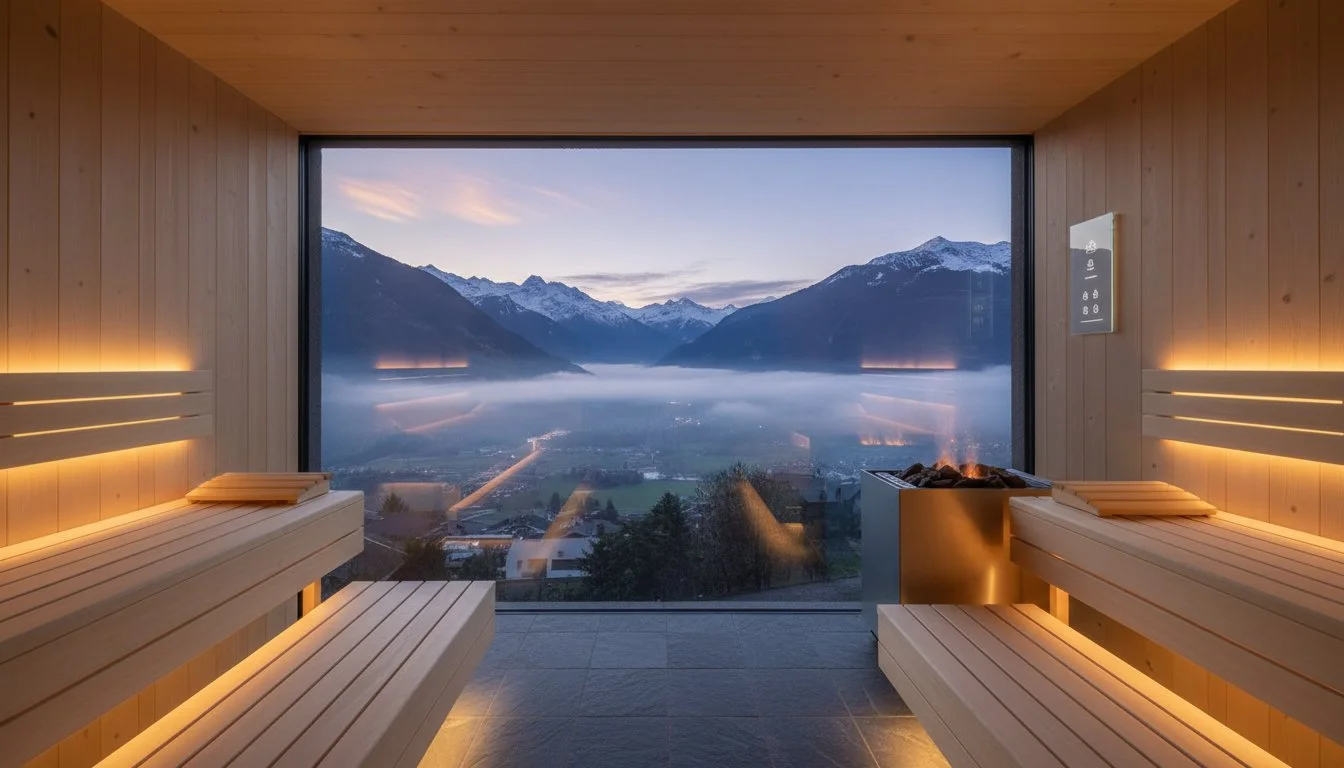 Sauna avec fenêtre panoramique sur des montagnes enneigées et la brume dans la vallée au crépuscule