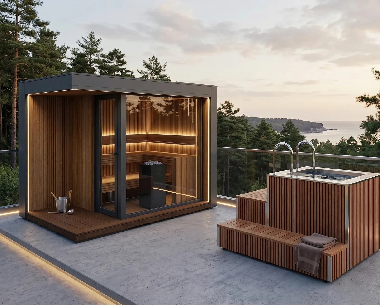 Aussensauna mit Glasfront auf einer Dachterrasse, daneben ein Tauchbecken mit Holzverkleidung