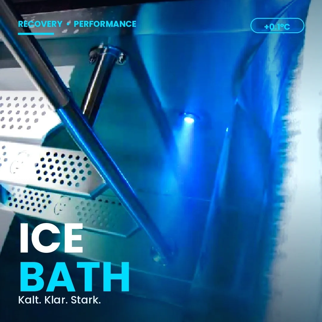 IPX ice bath with stainless steel entry ladder and blue LED lighting – Ice Bath, Cold. Clear. Strong.