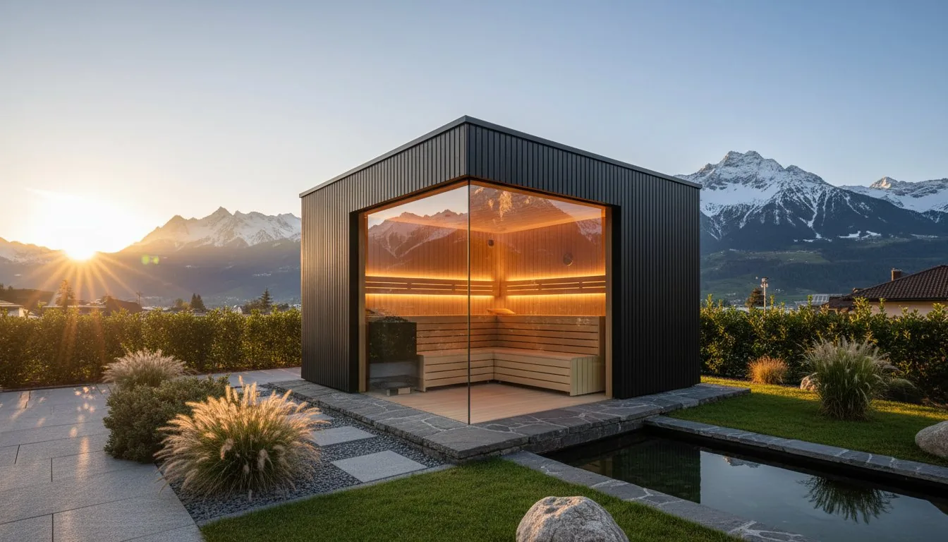 Aussensauna mit Glasecke bei Sonnenaufgang neben einem Wasserbecken