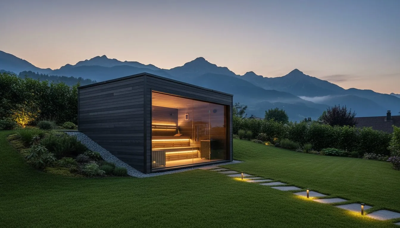 Aussensauna mit dunkler Holzfassade und Glasfront am Gartenhang in der Dämmerung