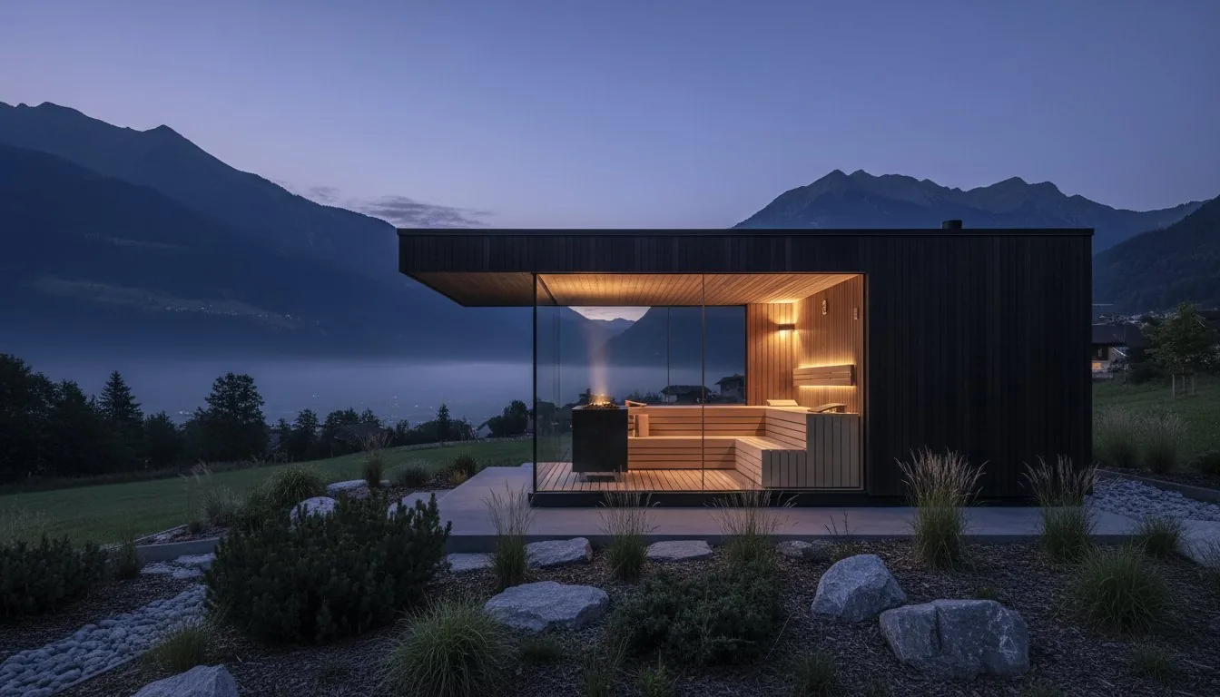 Sauna extérieur avec façade vitrée et bancs en bois au crépuscule, devant un panorama de montagne